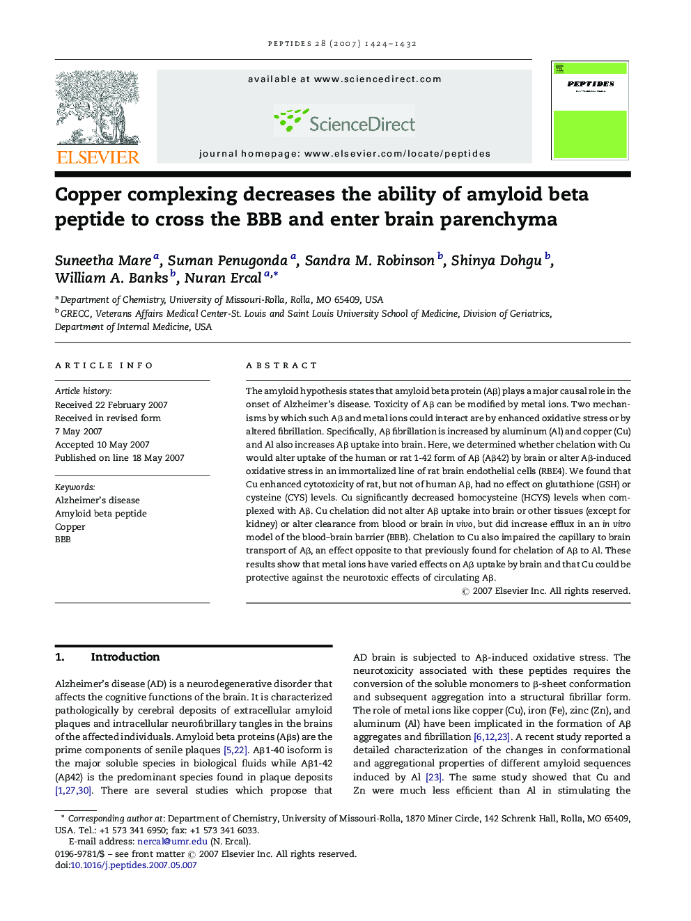 Copper complexing decreases the ability of amyloid beta peptide to cross the BBB and enter brain parenchyma