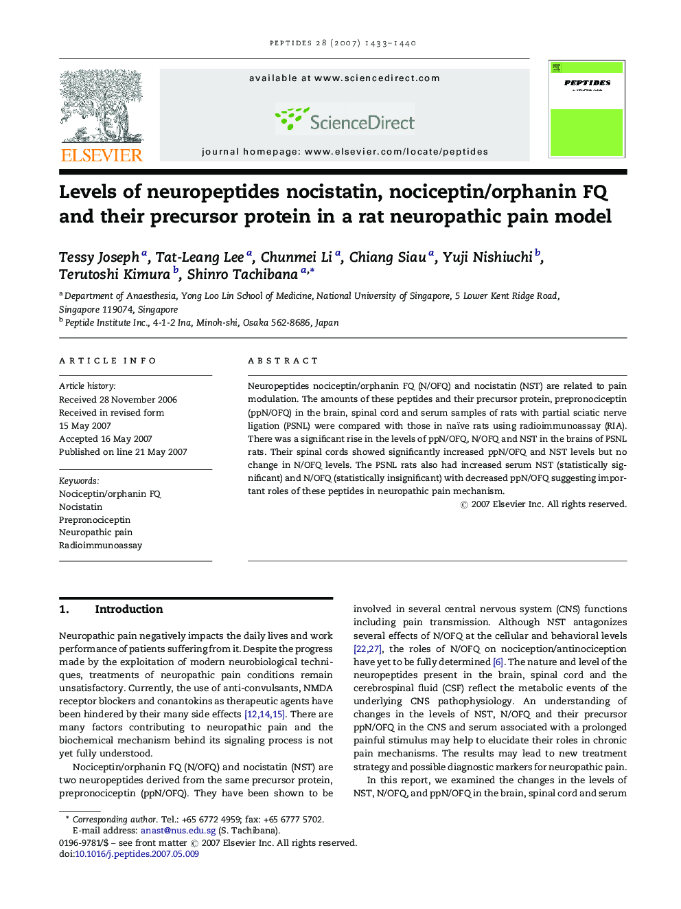 Levels of neuropeptides nocistatin, nociceptin/orphanin FQ and their precursor protein in a rat neuropathic pain model