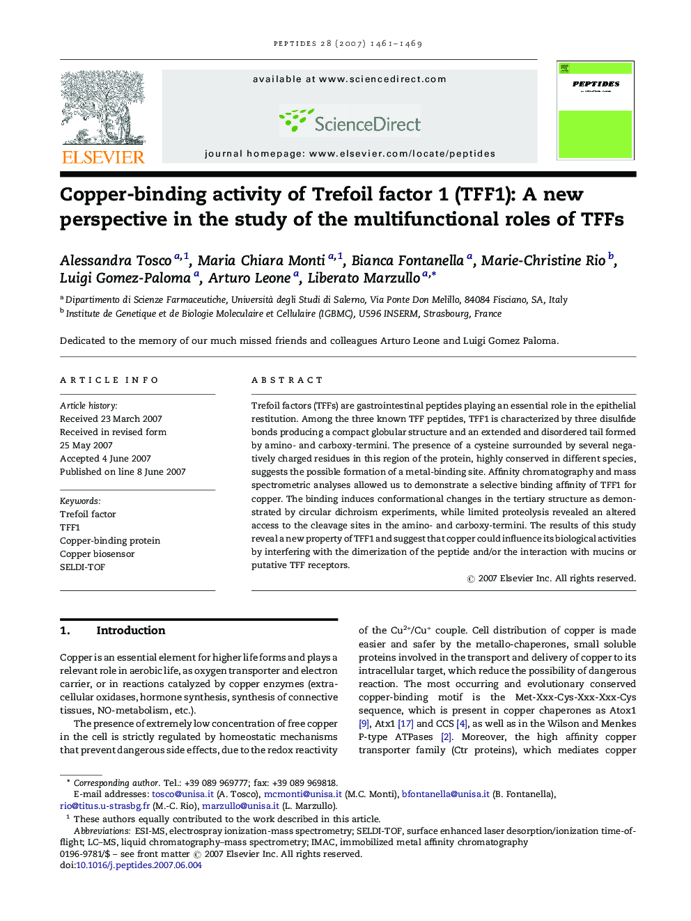 Copper-binding activity of Trefoil factor 1 (TFF1): A new perspective in the study of the multifunctional roles of TFFs