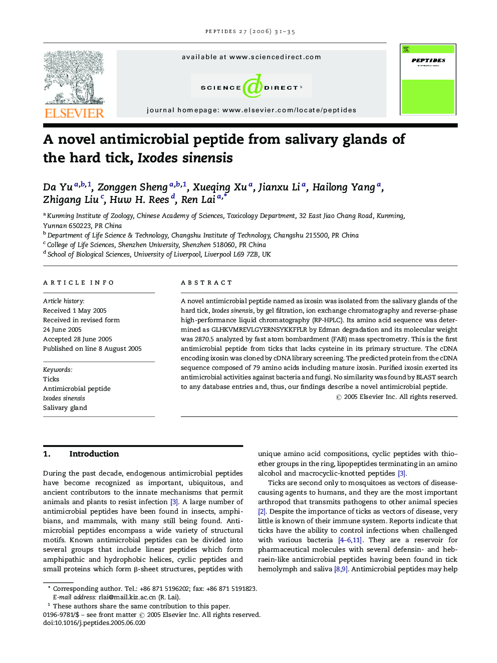 A novel antimicrobial peptide from salivary glands of the hard tick, Ixodes sinensis