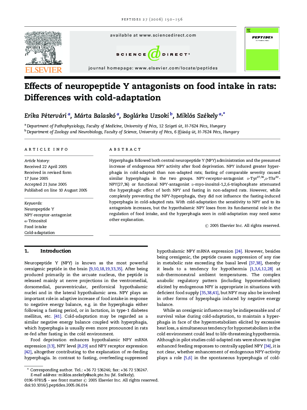 Effects of neuropeptide Y antagonists on food intake in rats: Differences with cold-adaptation