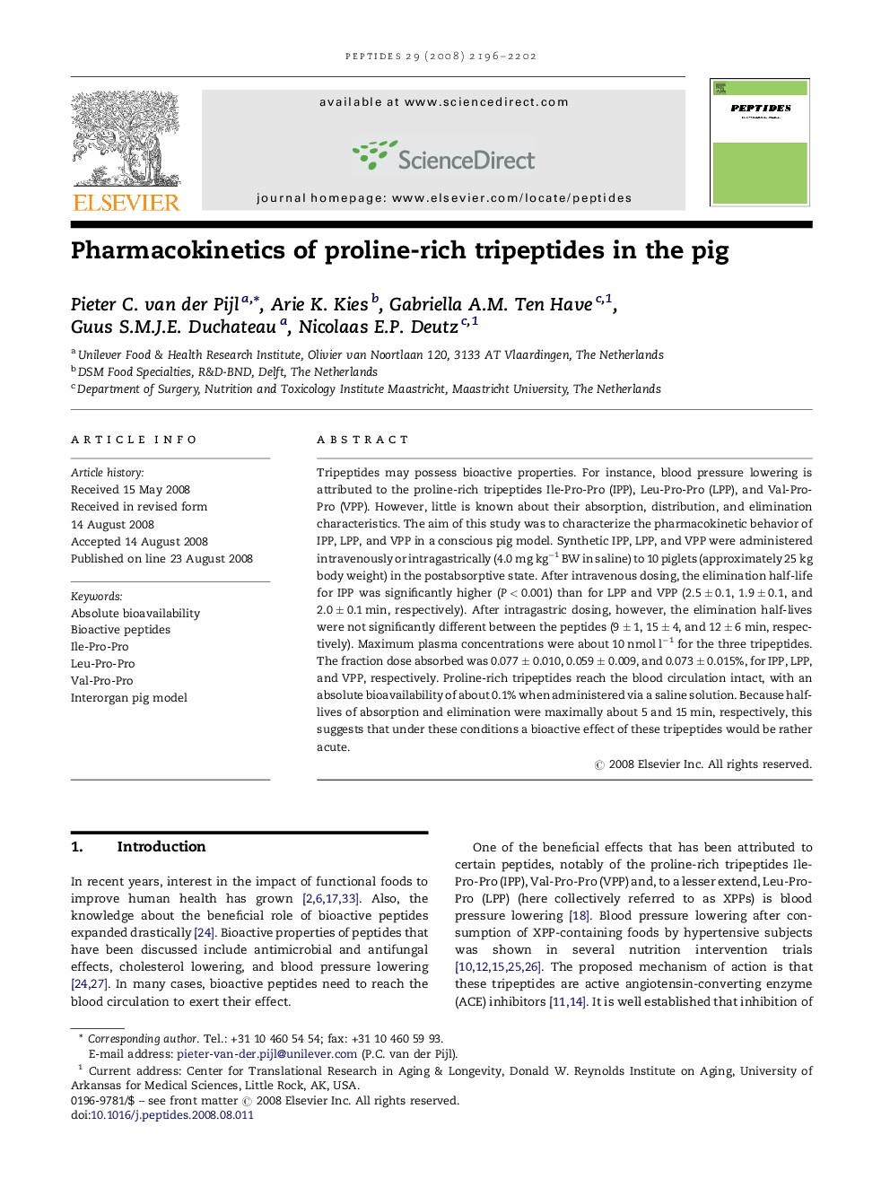 Pharmacokinetics of proline-rich tripeptides in the pig