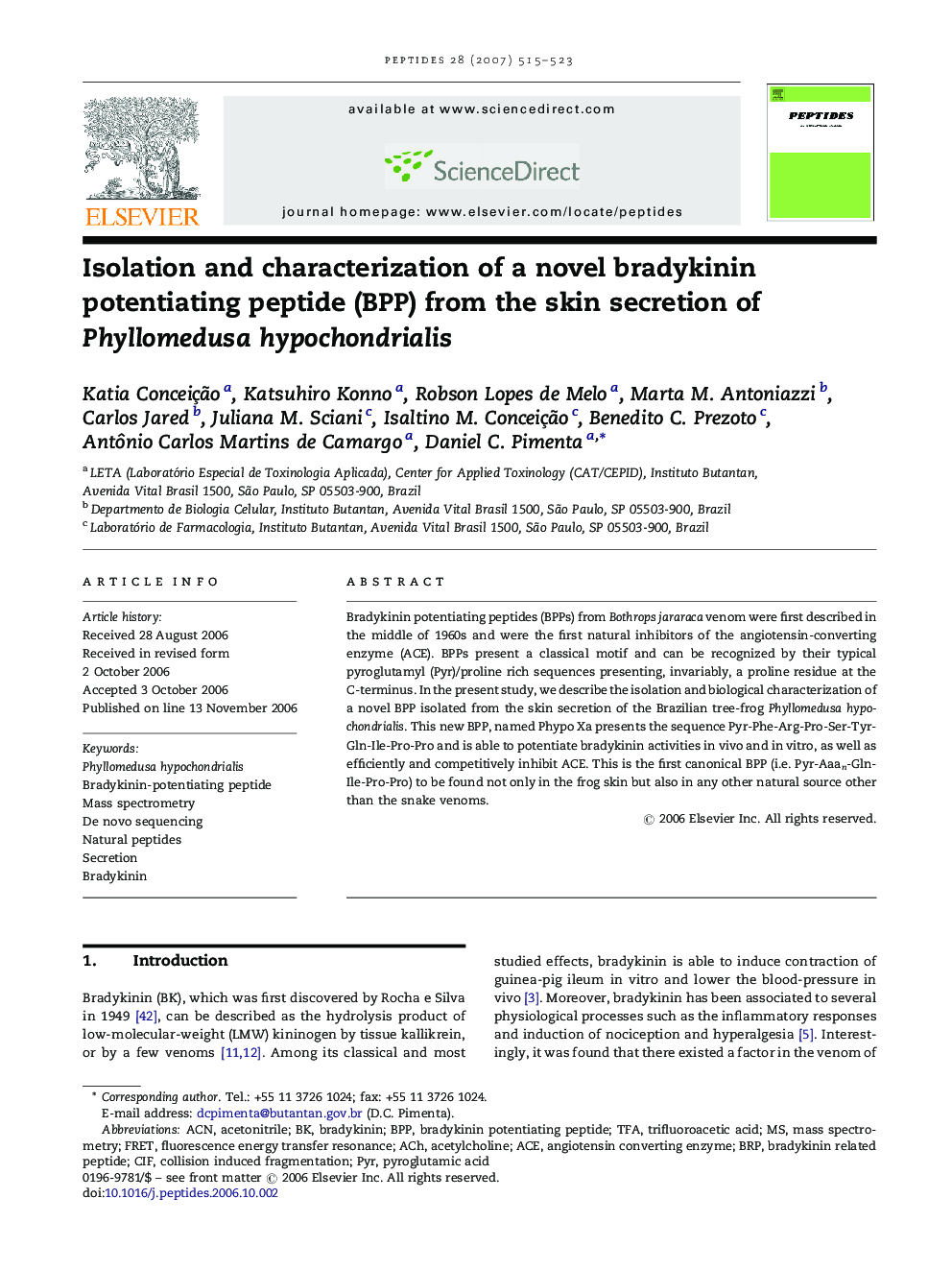 Isolation and characterization of a novel bradykinin potentiating peptide (BPP) from the skin secretion of Phyllomedusa hypochondrialis