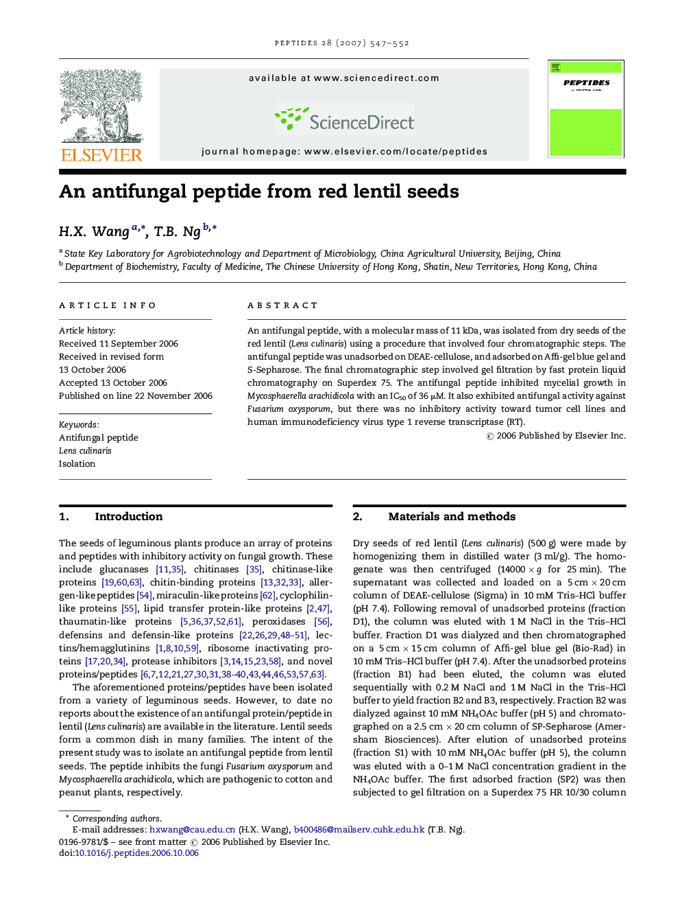 An antifungal peptide from red lentil seeds