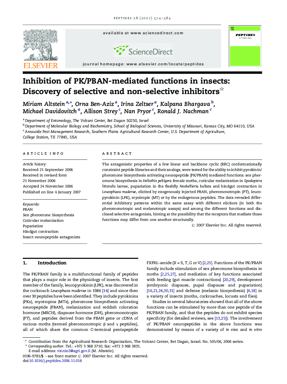 Inhibition of PK/PBAN-mediated functions in insects: Discovery of selective and non-selective inhibitors 