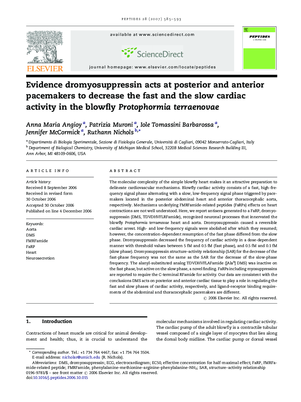 Evidence dromyosuppressin acts at posterior and anterior pacemakers to decrease the fast and the slow cardiac activity in the blowfly Protophormia terraenovae