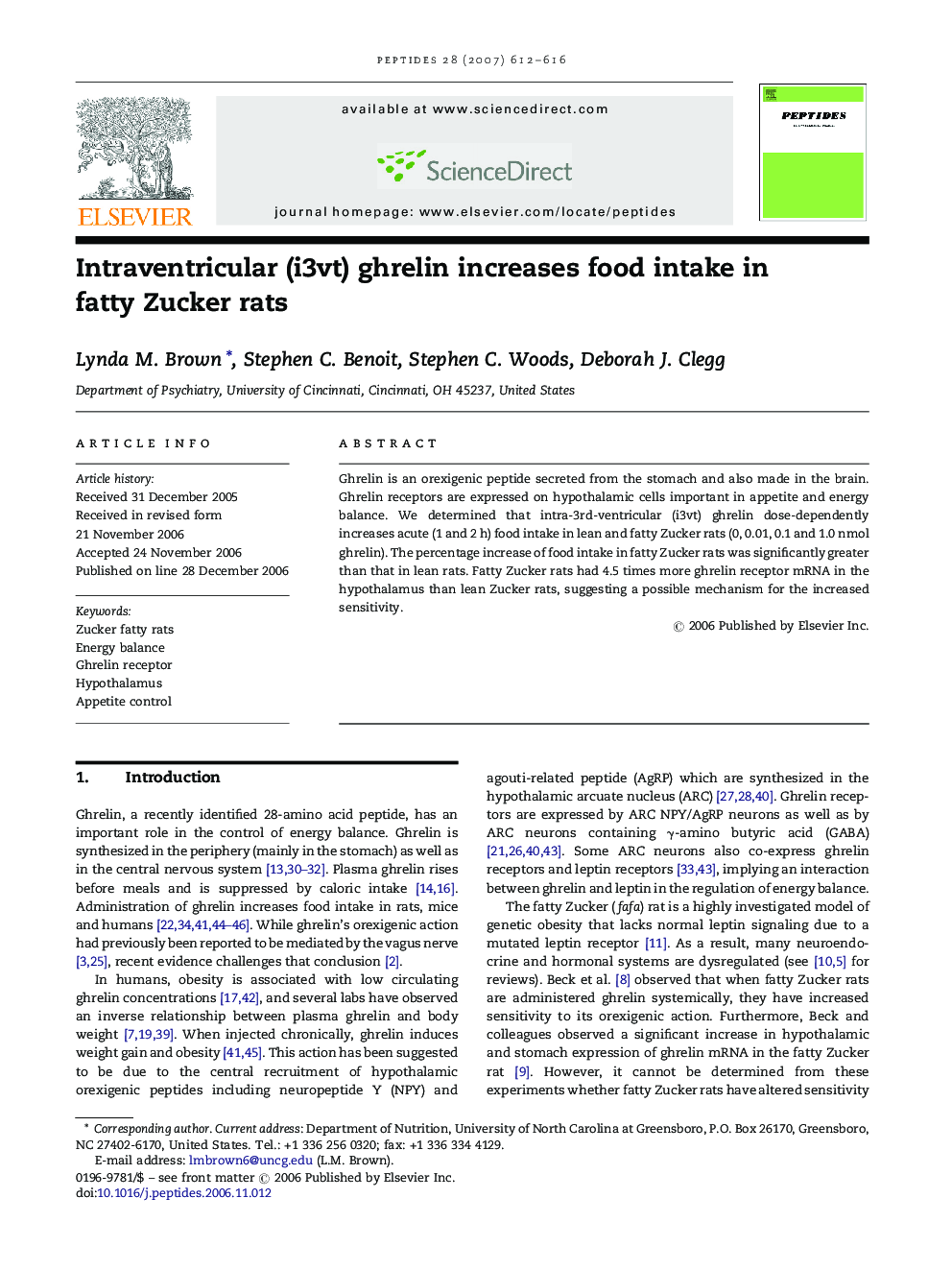 Intraventricular (i3vt) ghrelin increases food intake in fatty Zucker rats