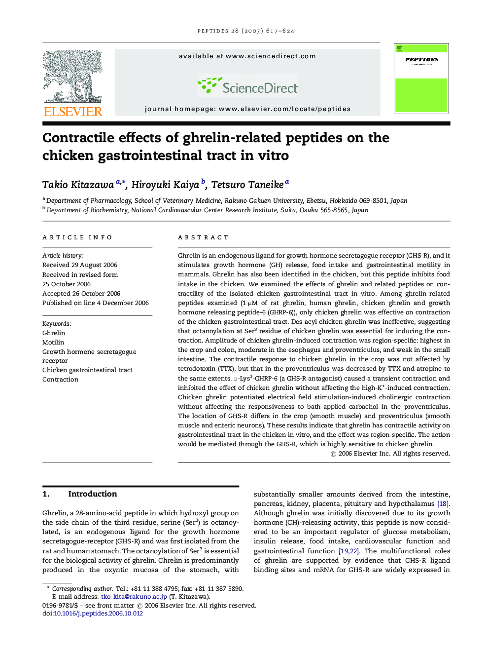 Contractile effects of ghrelin-related peptides on the chicken gastrointestinal tract in vitro