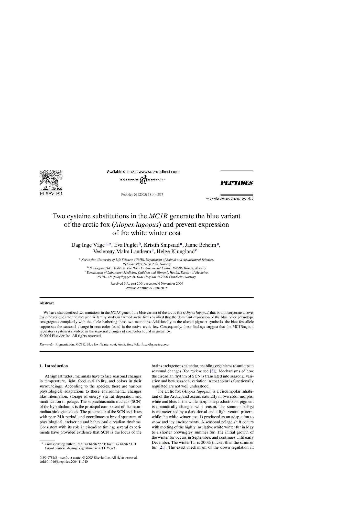 Two cysteine substitutions in the MC1R generate the blue variant of the arctic fox (Alopex lagopus) and prevent expression of the white winter coat