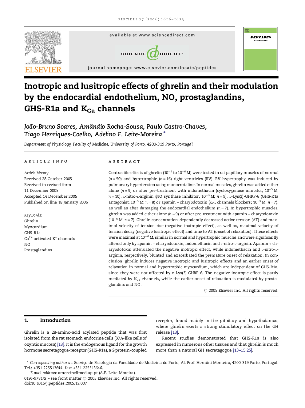 Inotropic and lusitropic effects of ghrelin and their modulation by the endocardial endothelium, NO, prostaglandins, GHS-R1a and KCa channels