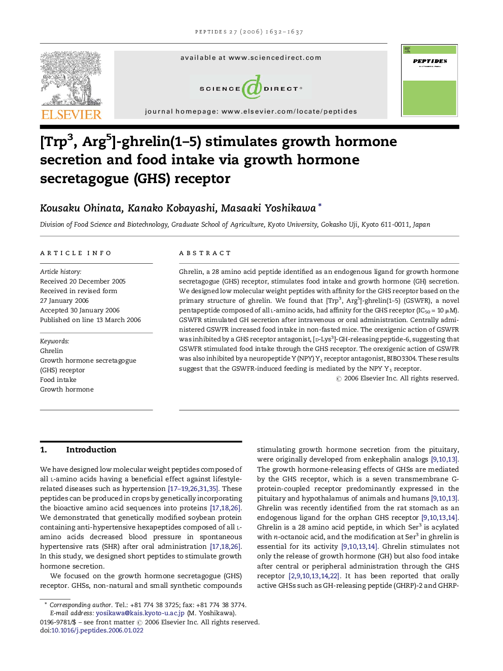 [Trp3, Arg5]-ghrelin(1–5) stimulates growth hormone secretion and food intake via growth hormone secretagogue (GHS) receptor