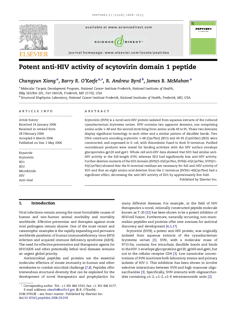 Potent anti-HIV activity of scytovirin domain 1 peptide