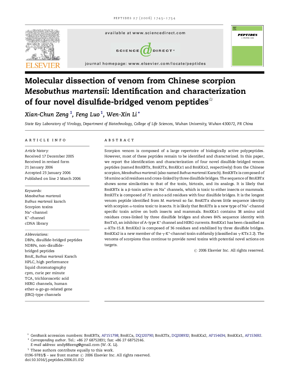 Molecular dissection of venom from Chinese scorpion Mesobuthus martensii: Identification and characterization of four novel disulfide-bridged venom peptides 