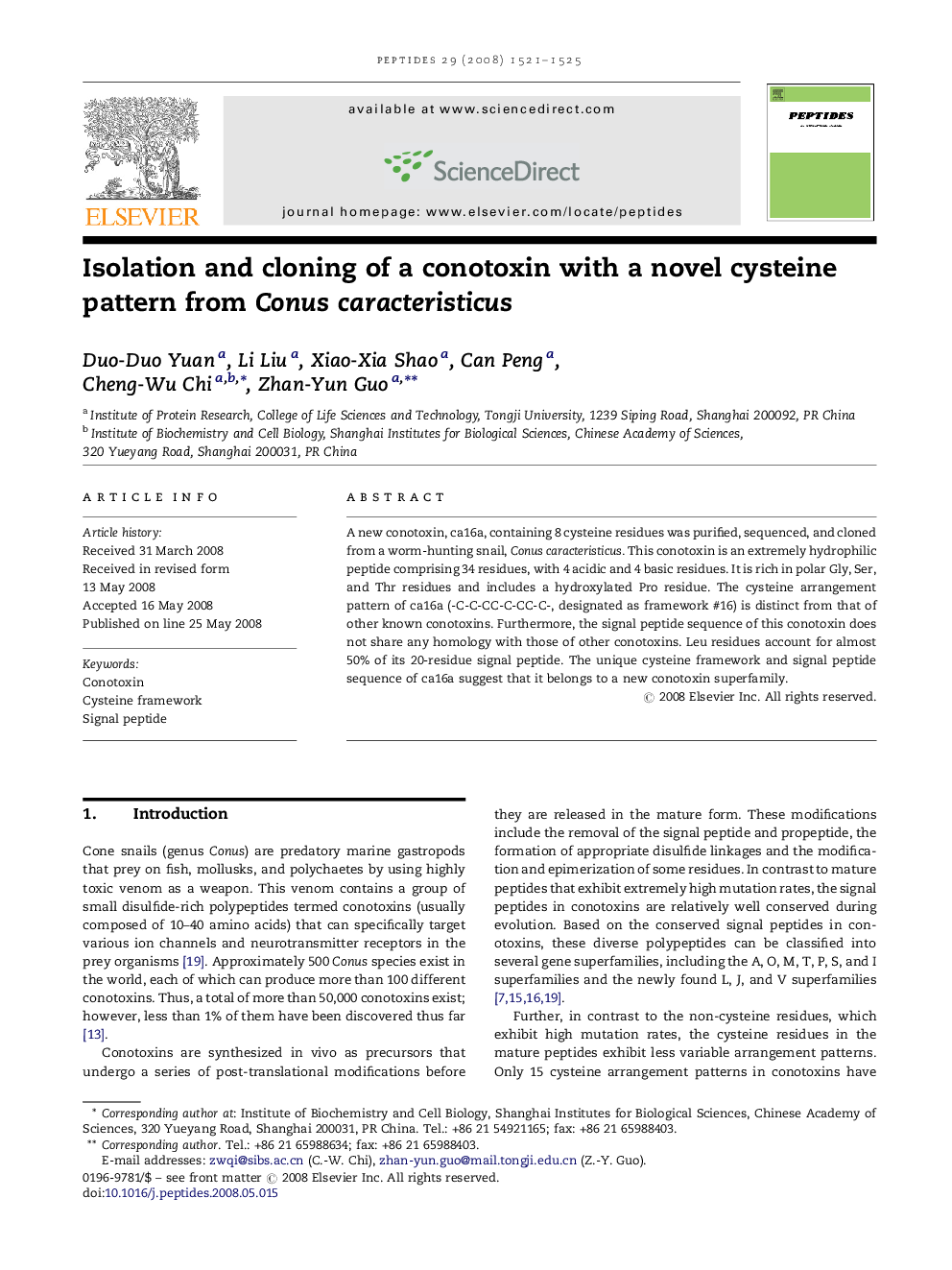 Isolation and cloning of a conotoxin with a novel cysteine pattern from Conus caracteristicus