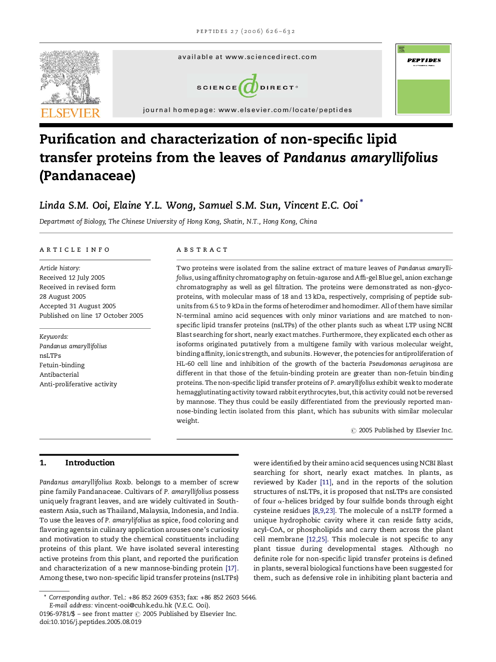 Purification and characterization of non-specific lipid transfer proteins from the leaves of Pandanus amaryllifolius (Pandanaceae)