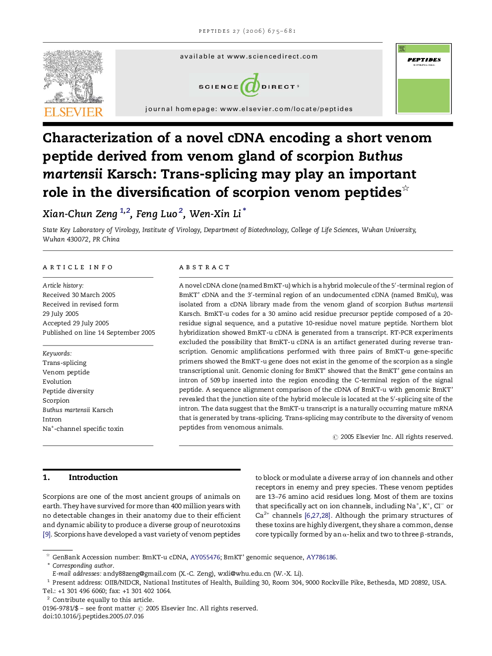 Characterization of a novel cDNA encoding a short venom peptide derived from venom gland of scorpion Buthus martensii Karsch: Trans-splicing may play an important role in the diversification of scorpion venom peptides 