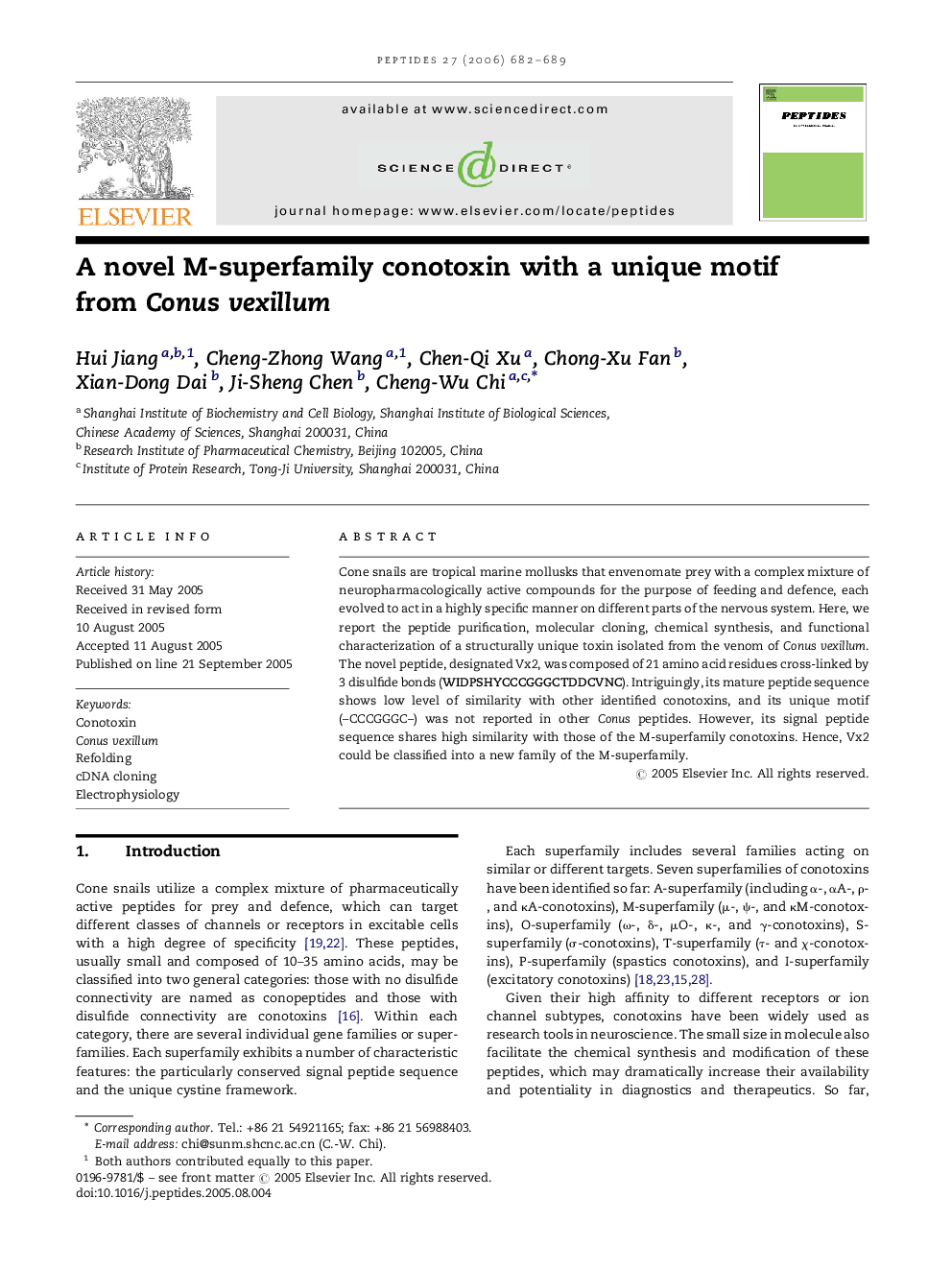 A novel M-superfamily conotoxin with a unique motif from Conus vexillum