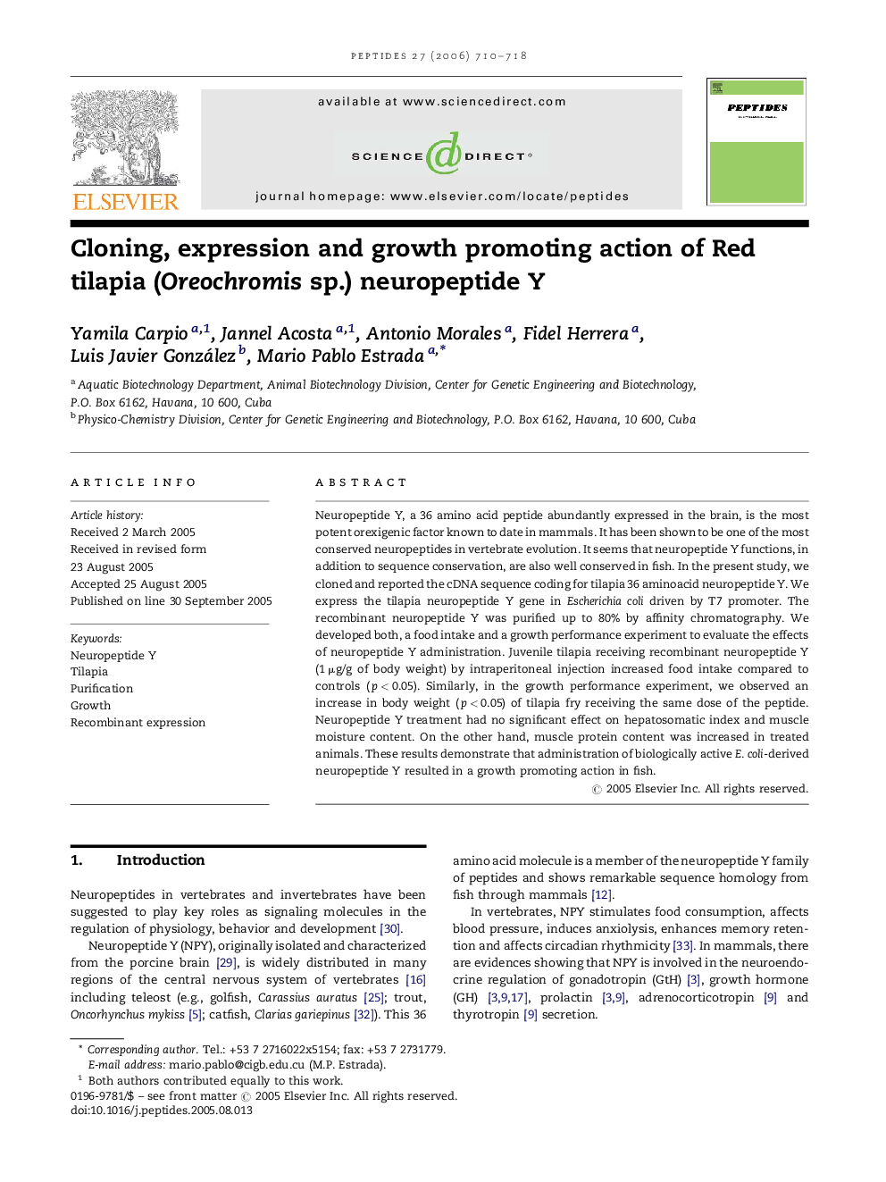 Cloning, expression and growth promoting action of Red tilapia (Oreochromis sp.) neuropeptide Y