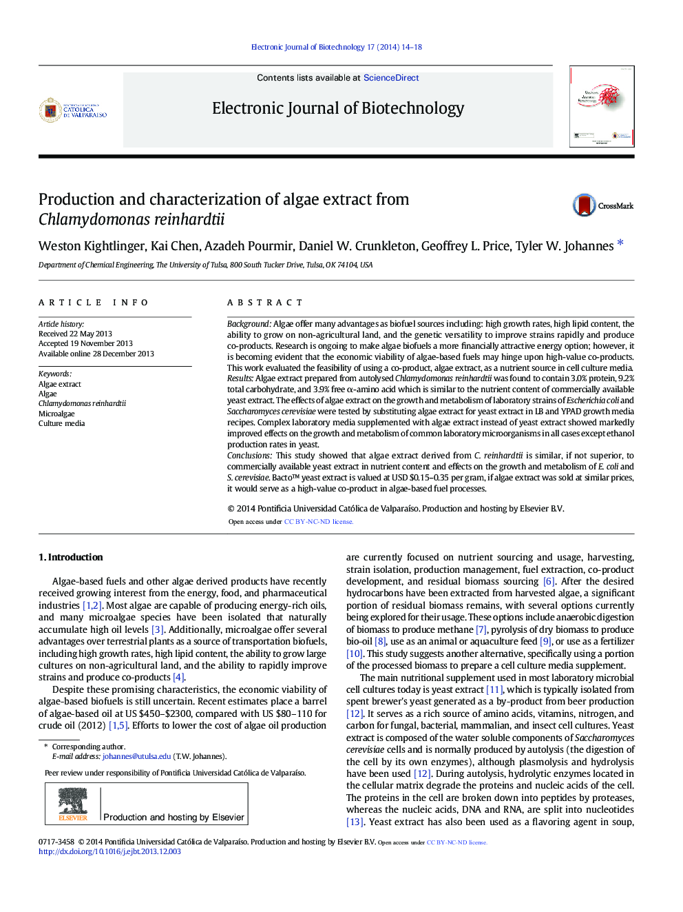 Production and characterization of algae extract from Chlamydomonas reinhardtii 