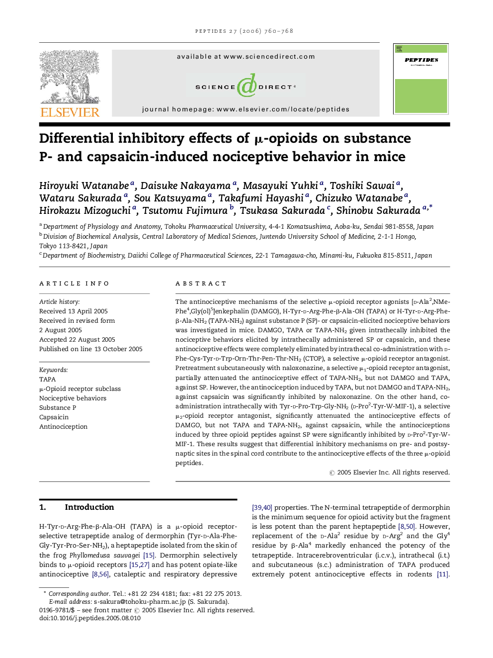 Differential inhibitory effects of μ-opioids on substance P- and capsaicin-induced nociceptive behavior in mice