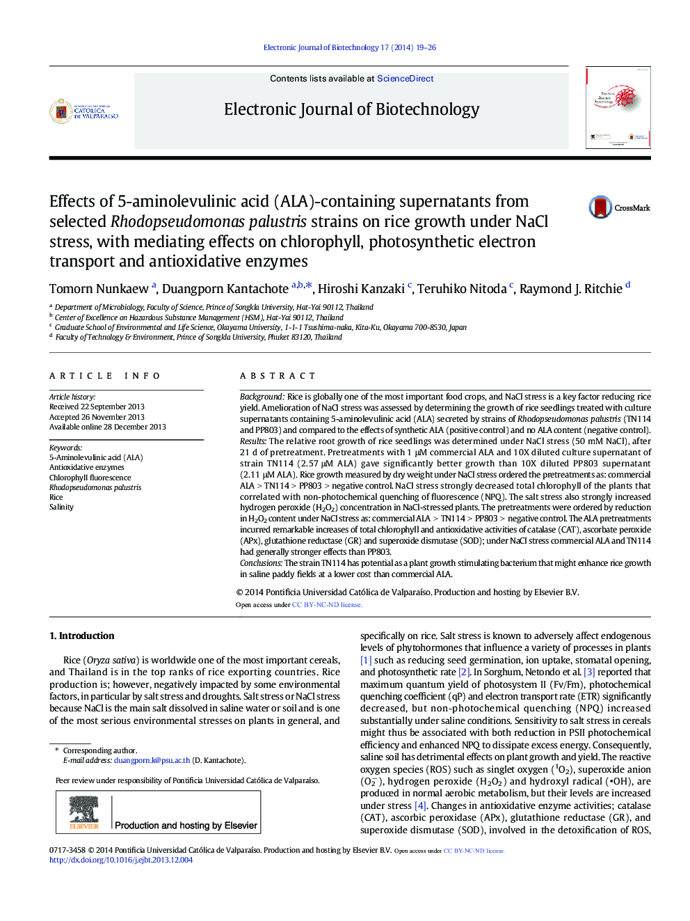 Effects of 5-aminolevulinic acid (ALA)-containing supernatants from selected Rhodopseudomonas palustris strains on rice growth under NaCl stress, with mediating effects on chlorophyll, photosynthetic electron transport and antioxidative enzymes 