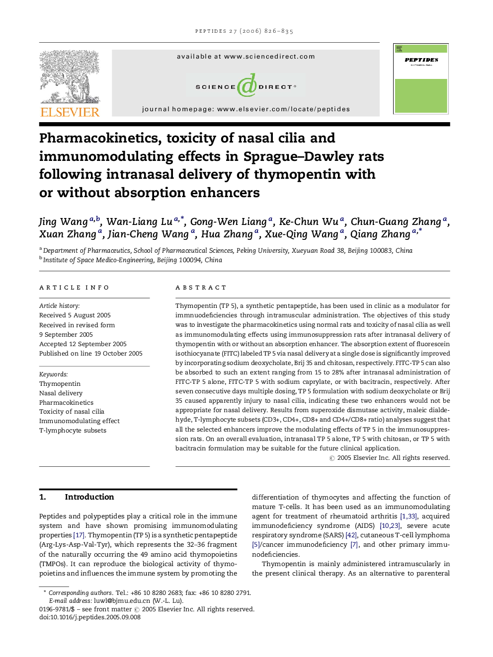 Pharmacokinetics, toxicity of nasal cilia and immunomodulating effects in Sprague–Dawley rats following intranasal delivery of thymopentin with or without absorption enhancers