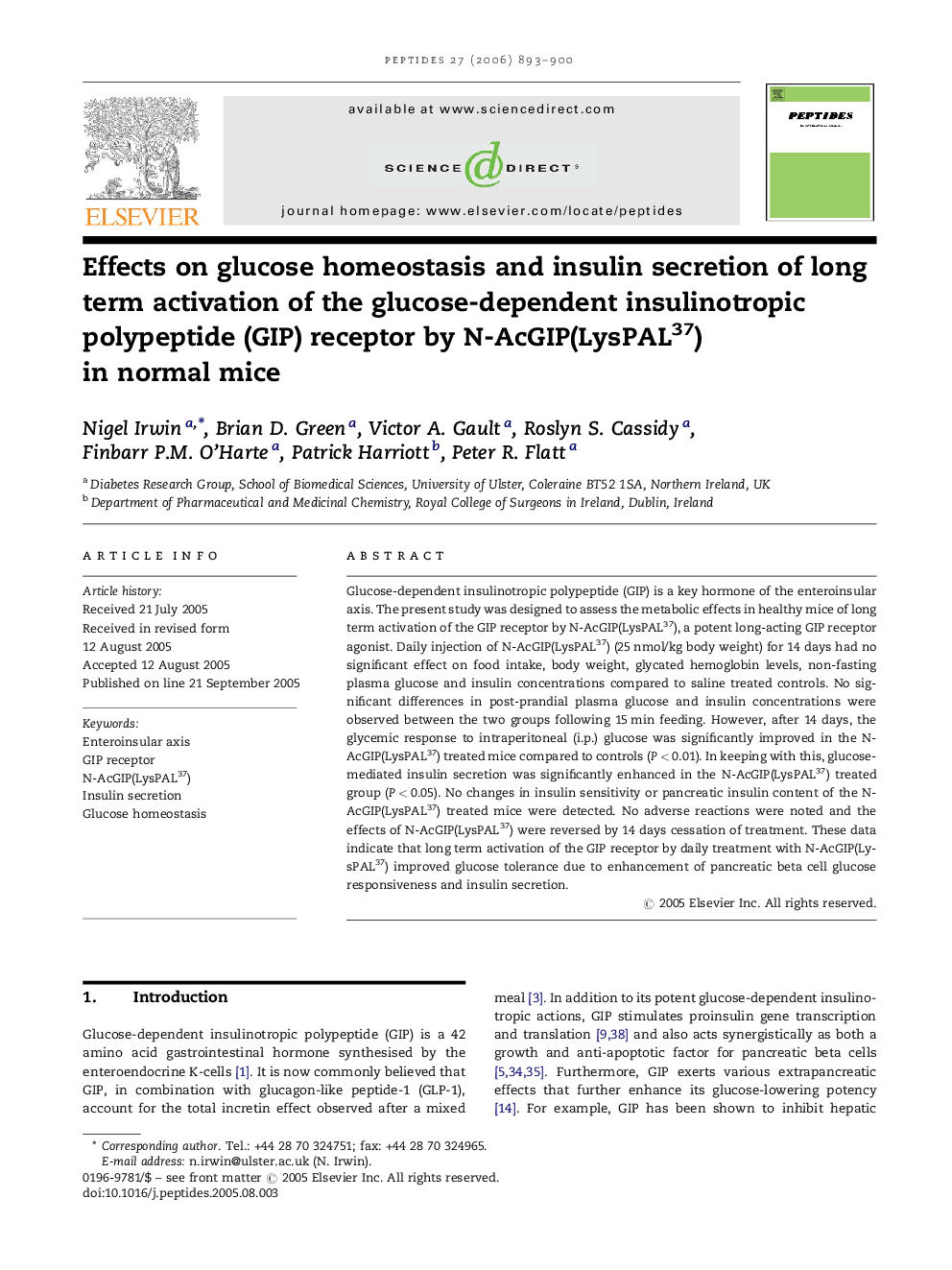 Effects on glucose homeostasis and insulin secretion of long term activation of the glucose-dependent insulinotropic polypeptide (GIP) receptor by N-AcGIP(LysPAL37) in normal mice