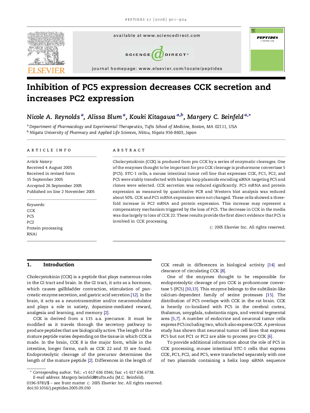 Inhibition of PC5 expression decreases CCK secretion and increases PC2 expression