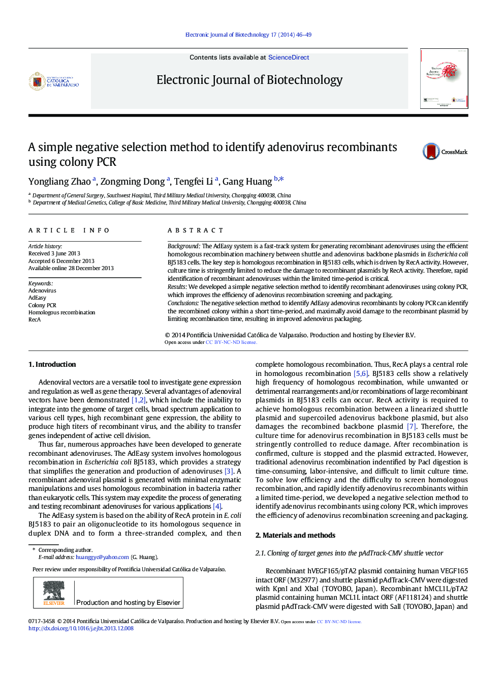 A simple negative selection method to identify adenovirus recombinants using colony PCR 