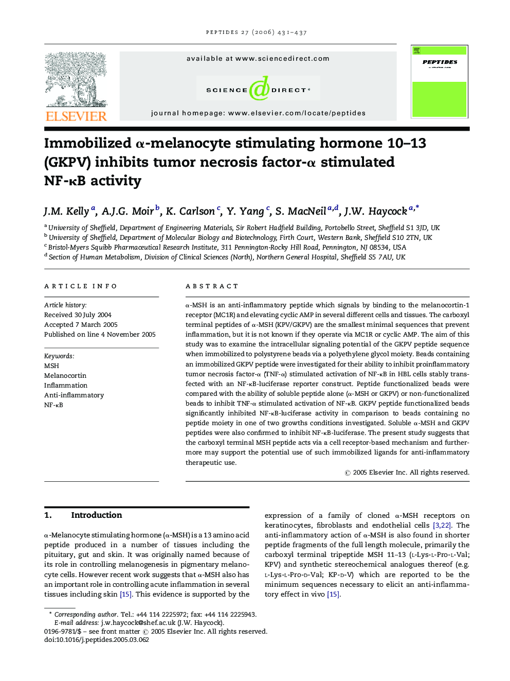 Immobilized Î±-melanocyte stimulating hormone 10-13 (GKPV) inhibits tumor necrosis factor-Î± stimulated NF-ÎºB activity