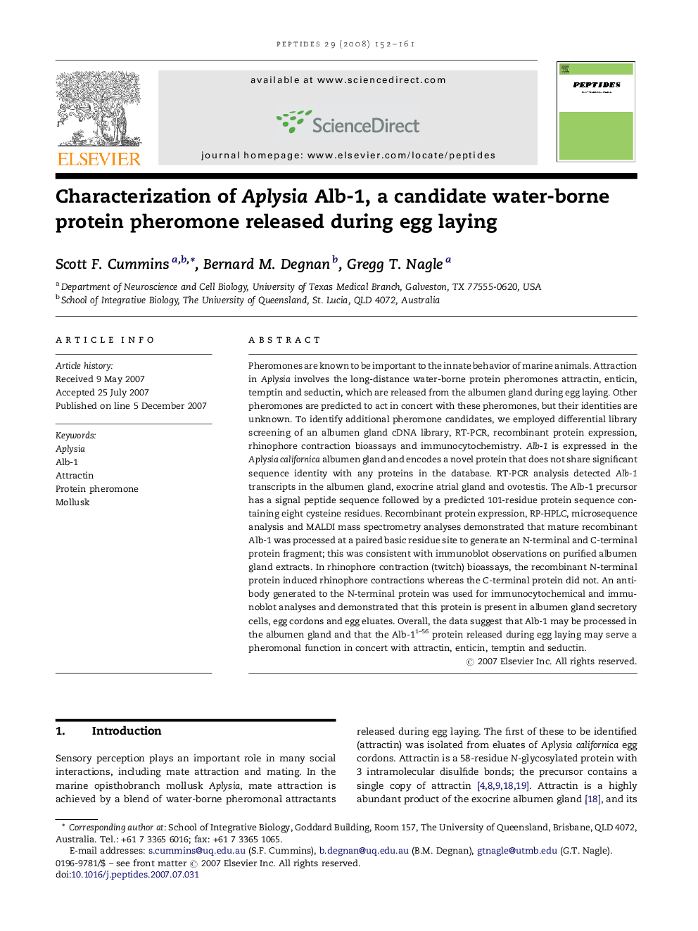 Characterization of Aplysia Alb-1, a candidate water-borne protein pheromone released during egg laying