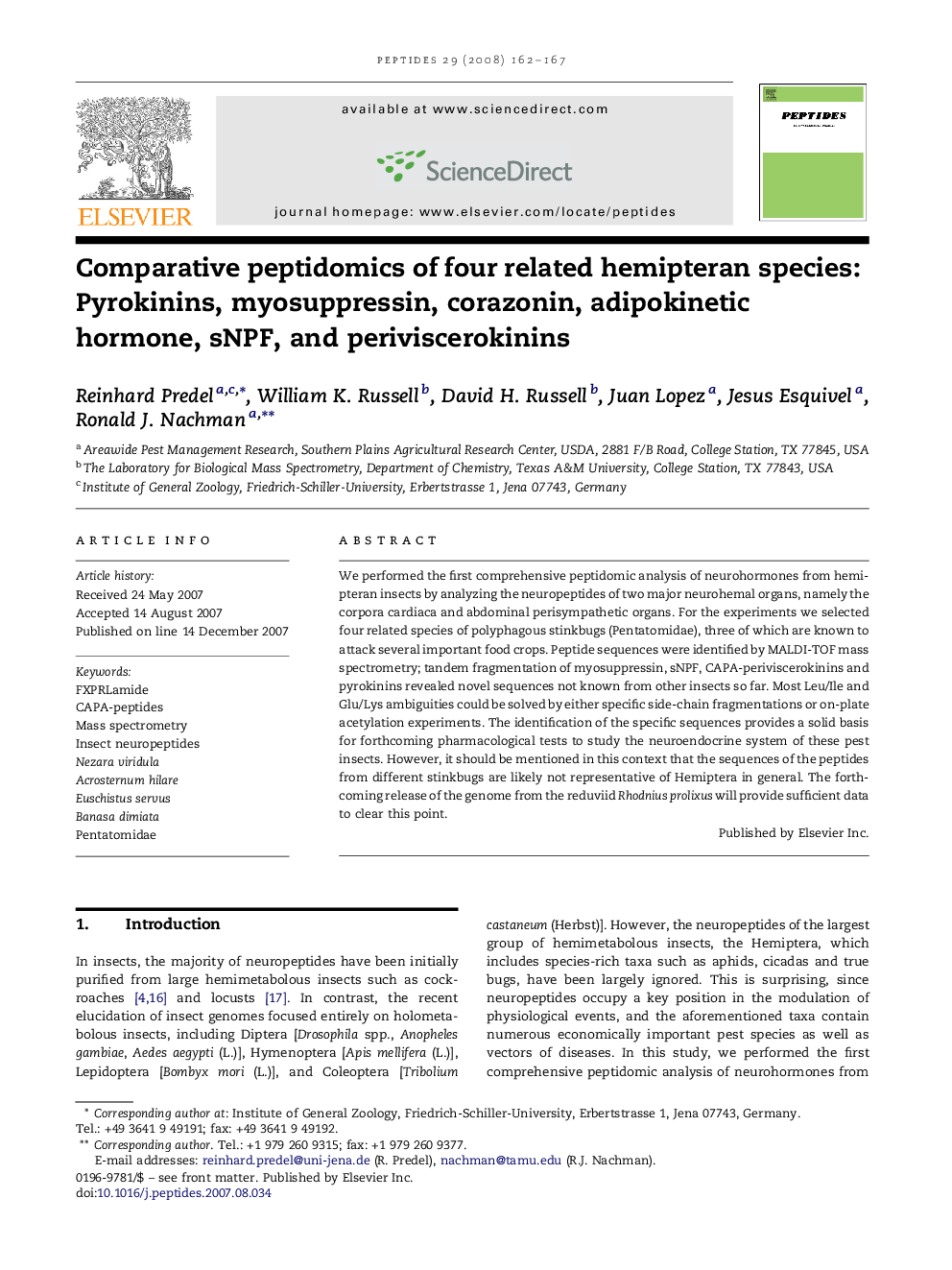 Comparative peptidomics of four related hemipteran species: Pyrokinins, myosuppressin, corazonin, adipokinetic hormone, sNPF, and periviscerokinins