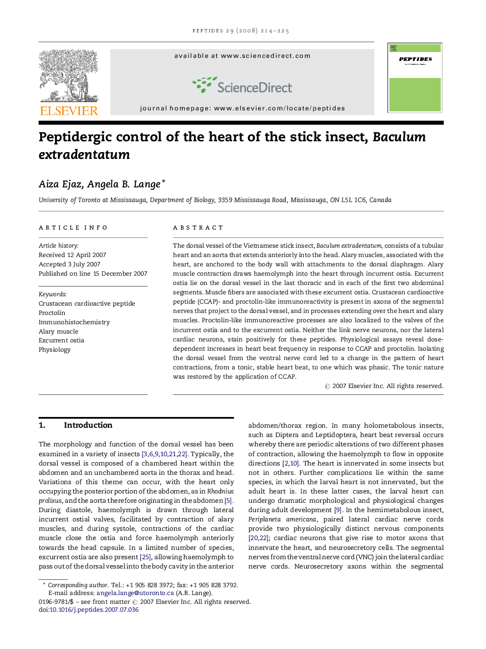 Peptidergic control of the heart of the stick insect, Baculum extradentatum