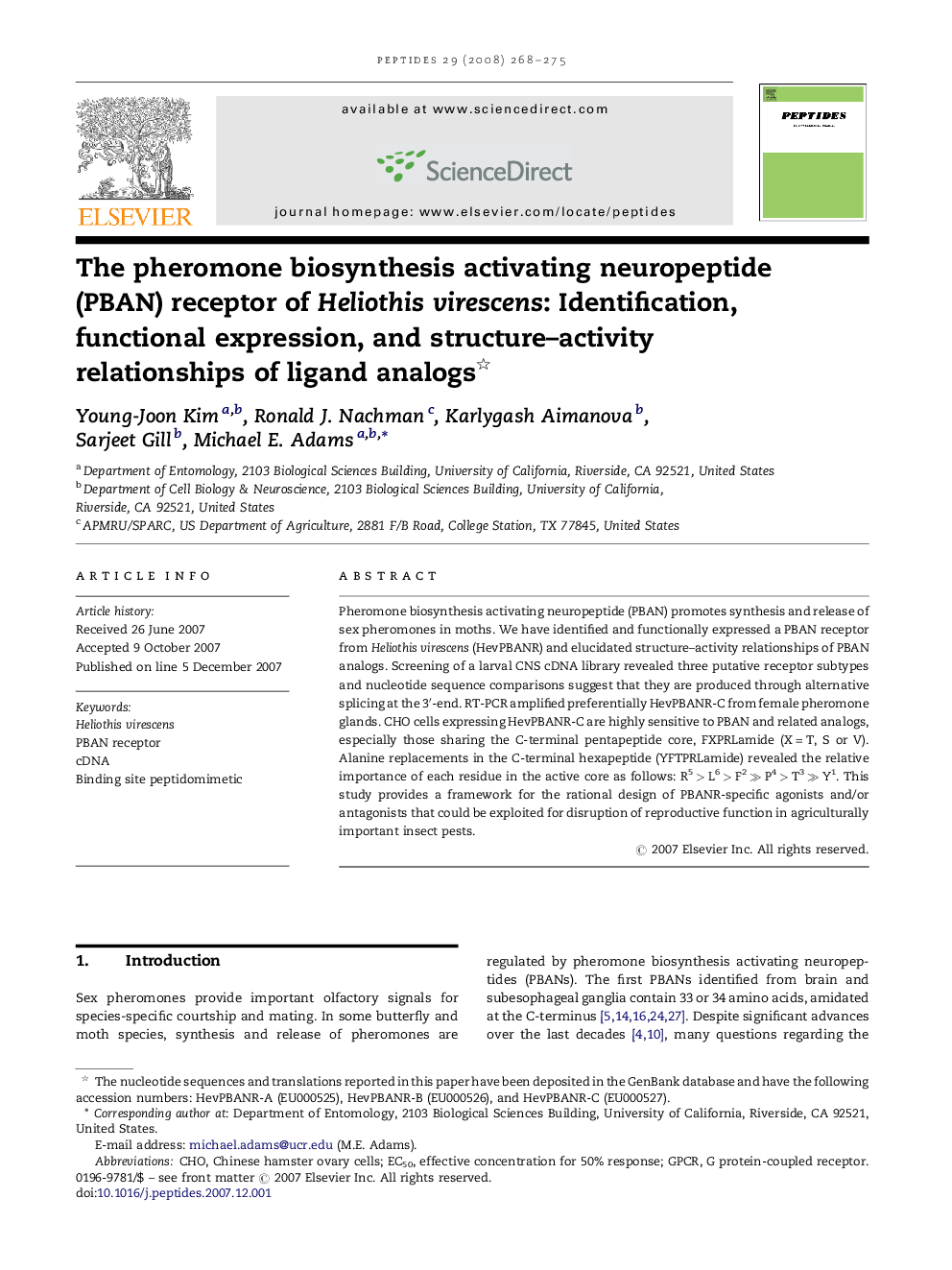 The pheromone biosynthesis activating neuropeptide (PBAN) receptor of Heliothis virescens: Identification, functional expression, and structure–activity relationships of ligand analogs 