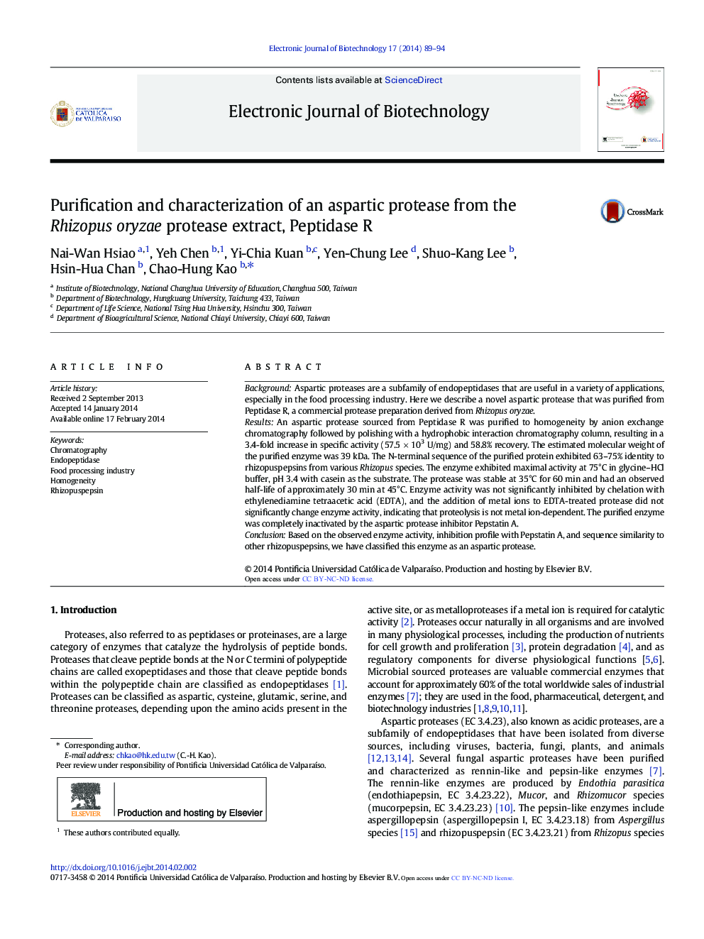 Purification and characterization of an aspartic protease from the Rhizopus oryzae protease extract, Peptidase R 