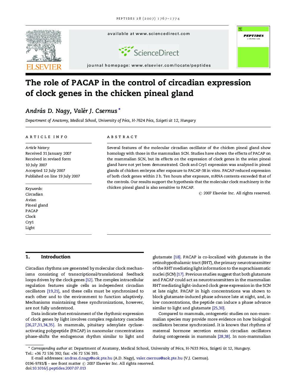 The role of PACAP in the control of circadian expression of clock genes in the chicken pineal gland