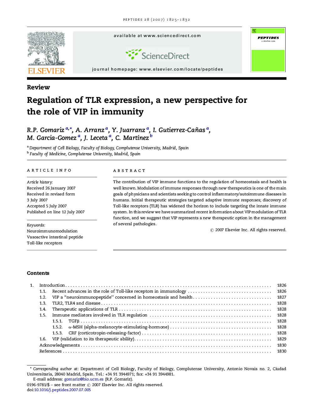 Regulation of TLR expression, a new perspective for the role of VIP in immunity