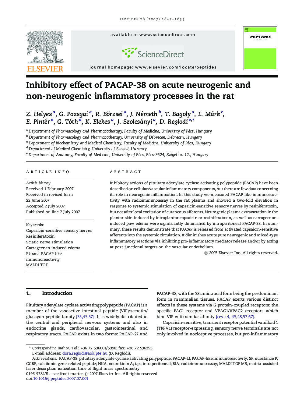 Inhibitory effect of PACAP-38 on acute neurogenic and non-neurogenic inflammatory processes in the rat