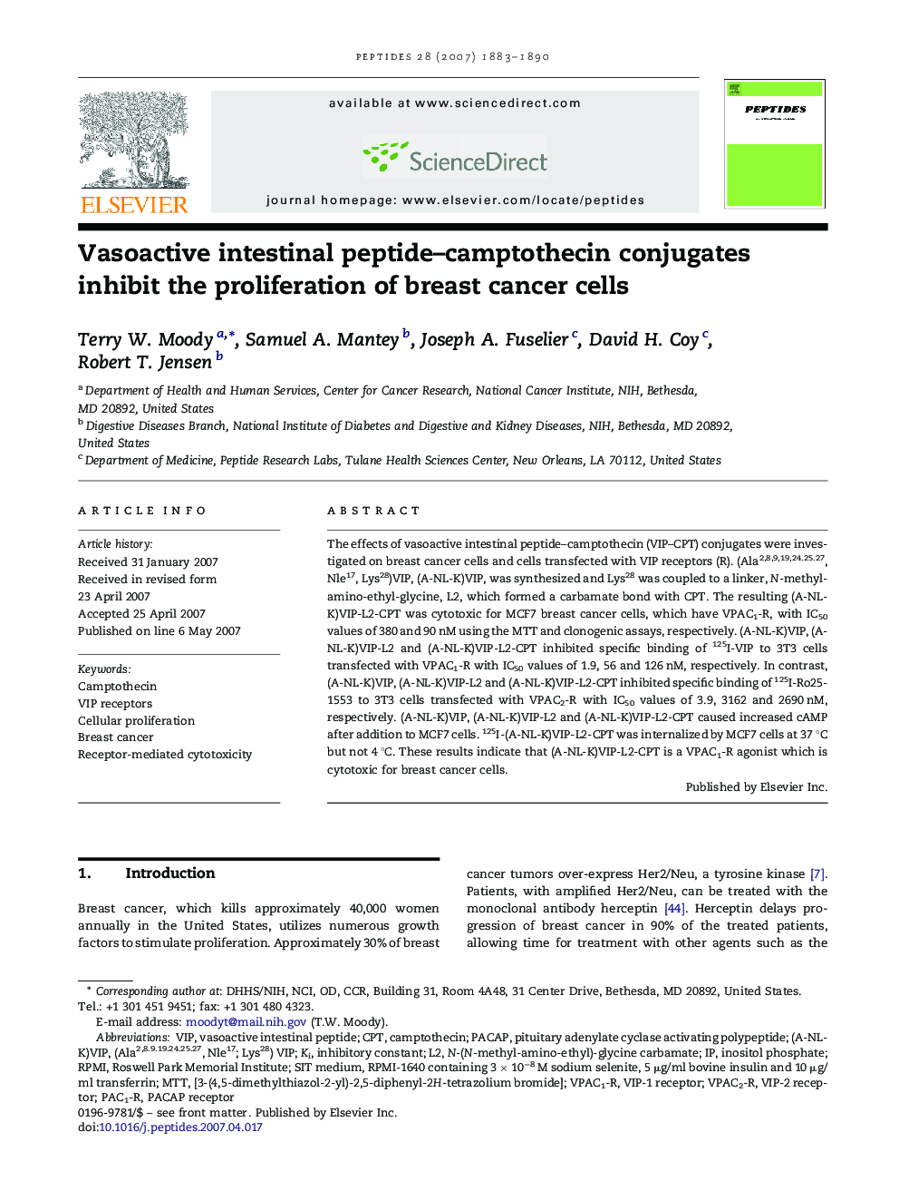 Vasoactive intestinal peptide–camptothecin conjugates inhibit the proliferation of breast cancer cells