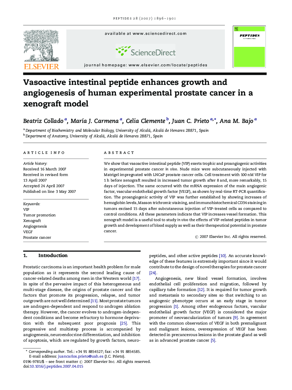 Vasoactive intestinal peptide enhances growth and angiogenesis of human experimental prostate cancer in a xenograft model