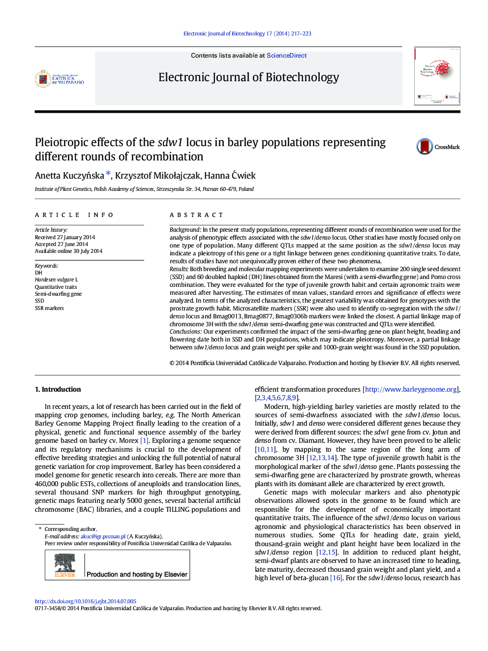 Pleiotropic effects of the sdw1 locus in barley populations representing different rounds of recombination 