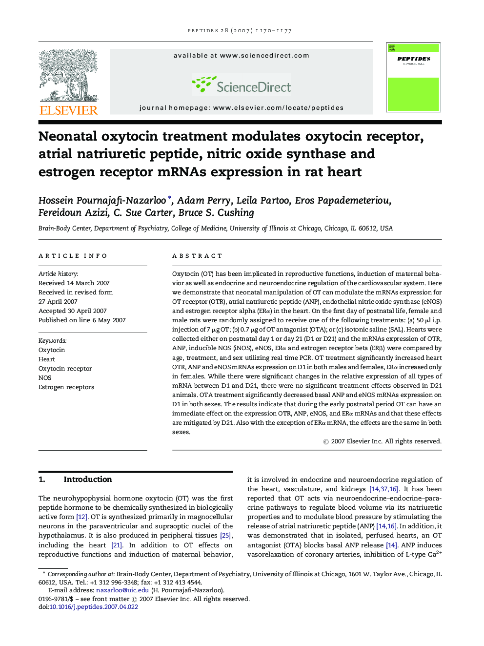 Neonatal oxytocin treatment modulates oxytocin receptor, atrial natriuretic peptide, nitric oxide synthase and estrogen receptor mRNAs expression in rat heart