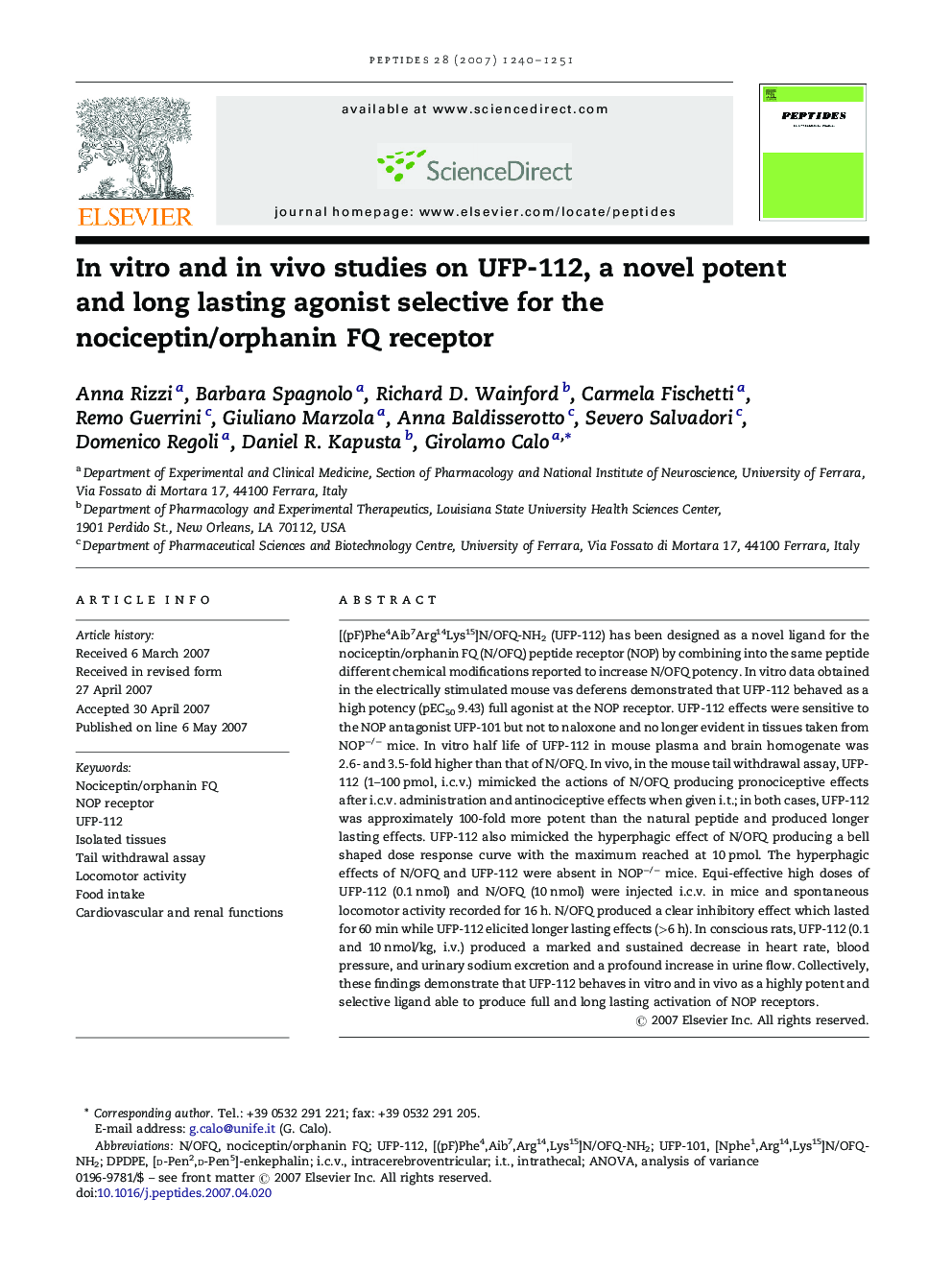 In vitro and in vivo studies on UFP-112, a novel potent and long lasting agonist selective for the nociceptin/orphanin FQ receptor