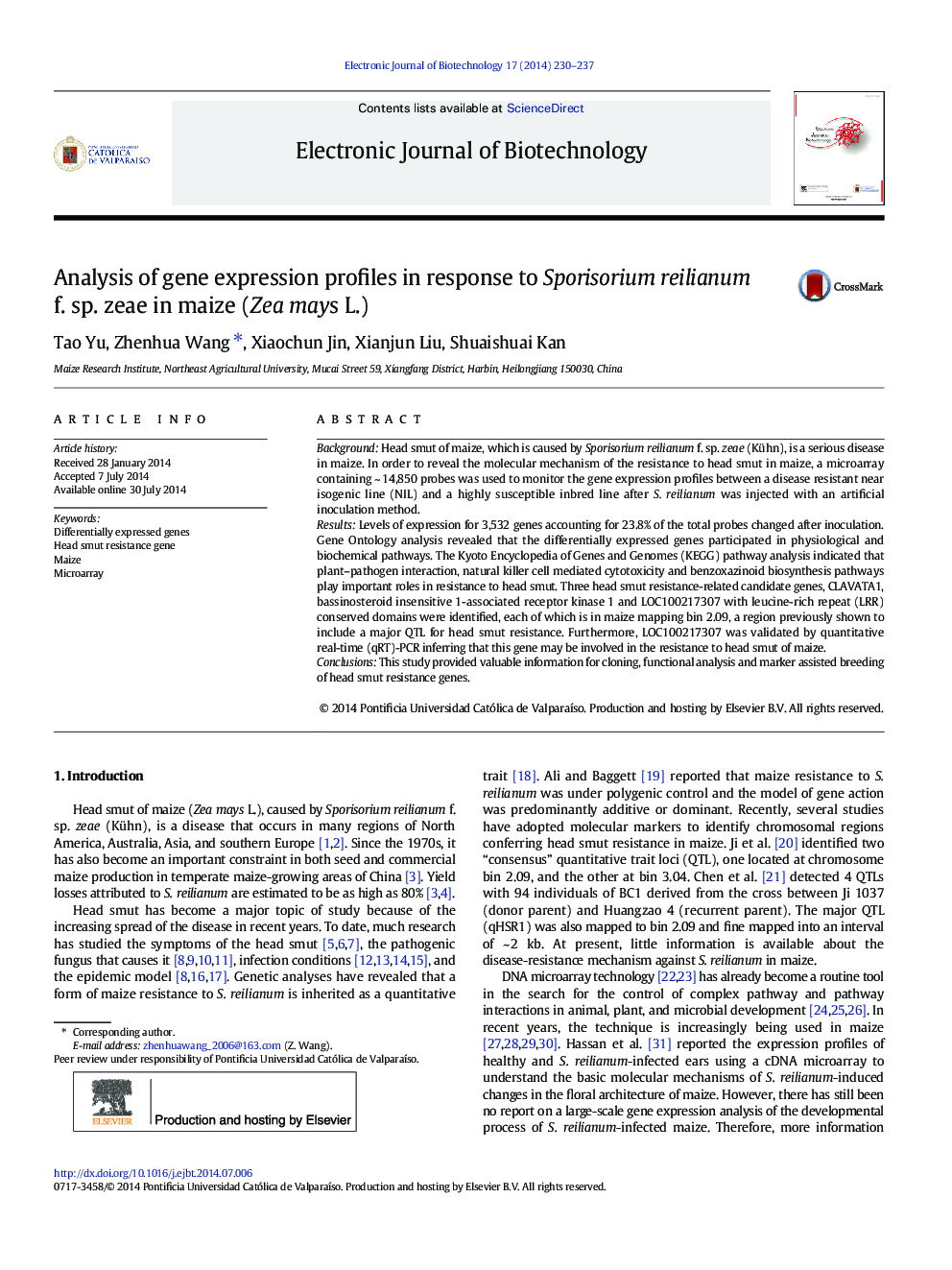 عکس صفحه اول مقاله: Analysis of gene expression profiles in response to Sporisorium reilianum f. sp. zeae in maize (Zea mays L.) Analysis of gene expression profiles in response to Sporisorium reilianum f. sp. zeae in maize (Zea mays L.)