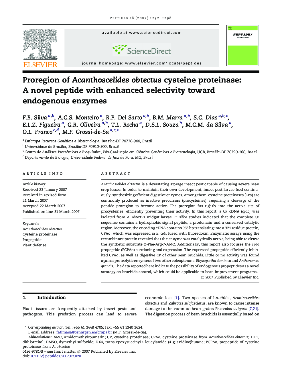 Proregion of Acanthoscelides obtectus cysteine proteinase: A novel peptide with enhanced selectivity toward endogenous enzymes