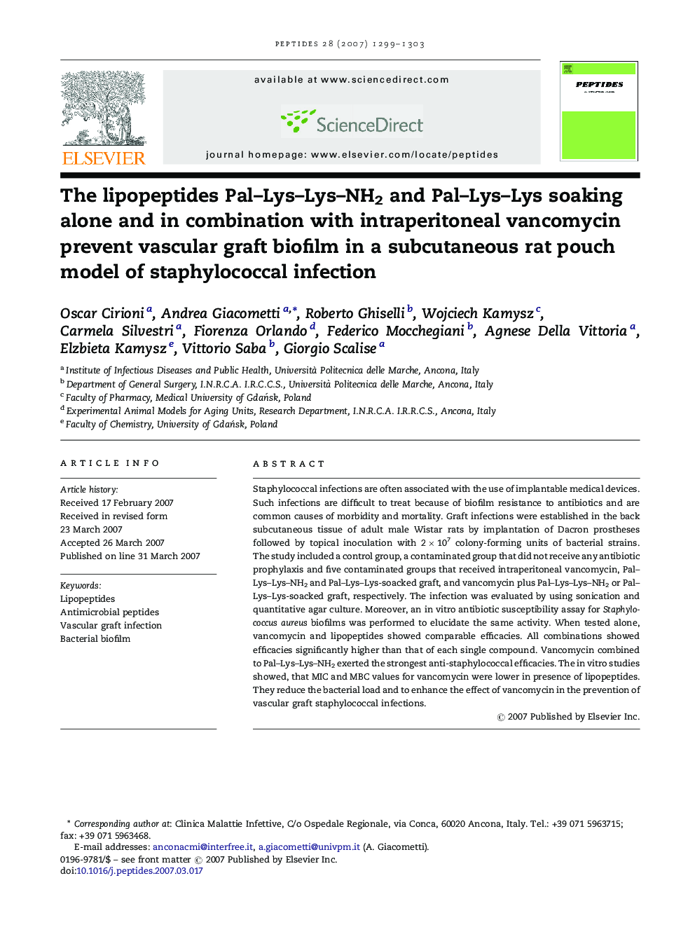 The lipopeptides Pal–Lys–Lys–NH2 and Pal–Lys–Lys soaking alone and in combination with intraperitoneal vancomycin prevent vascular graft biofilm in a subcutaneous rat pouch model of staphylococcal infection