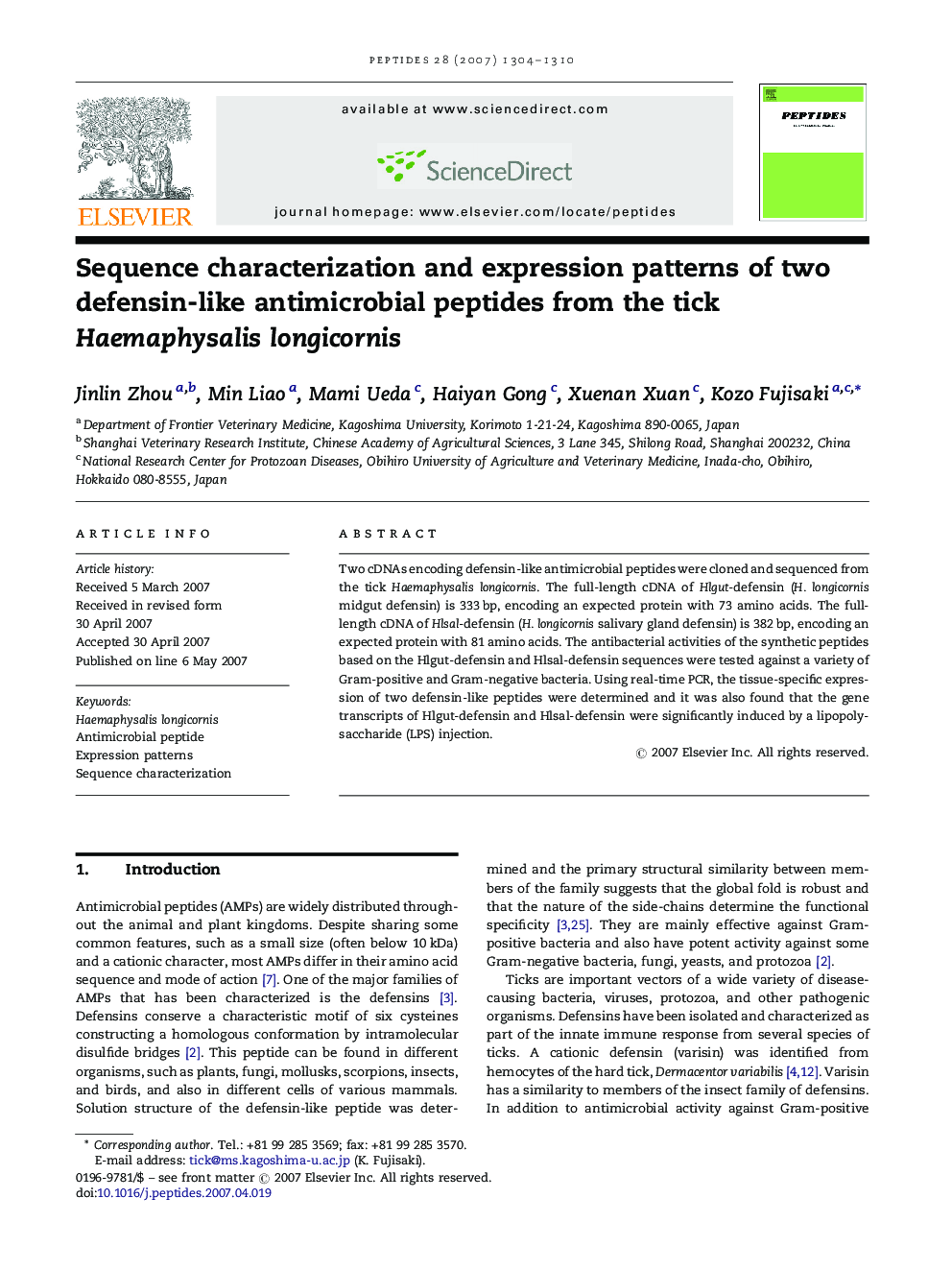 Sequence characterization and expression patterns of two defensin-like antimicrobial peptides from the tick Haemaphysalis longicornis