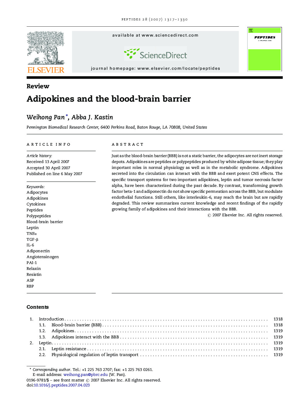 Adipokines and the blood-brain barrier