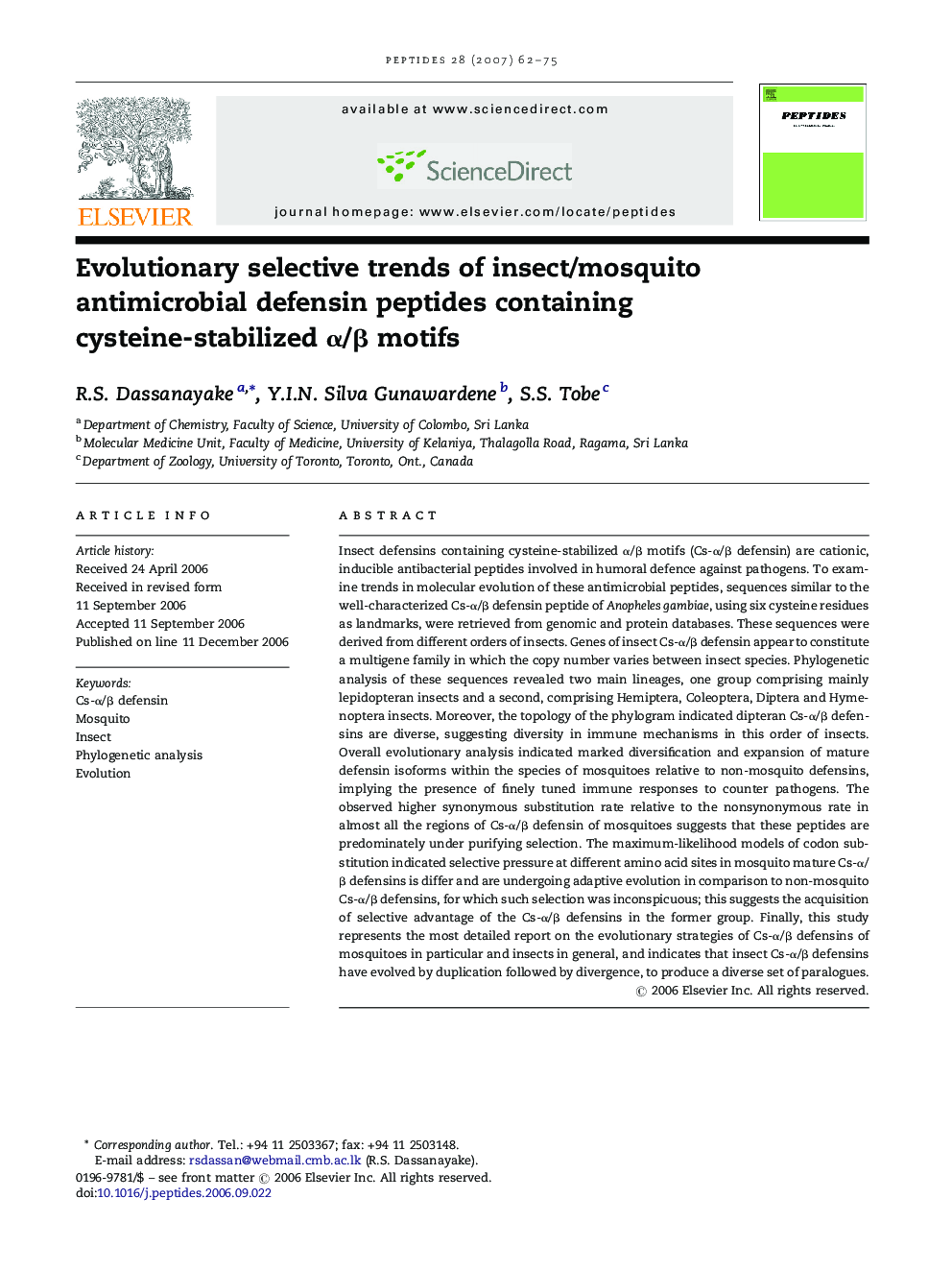 Evolutionary selective trends of insect/mosquito antimicrobial defensin peptides containing cysteine-stabilized Î±/Î² motifs