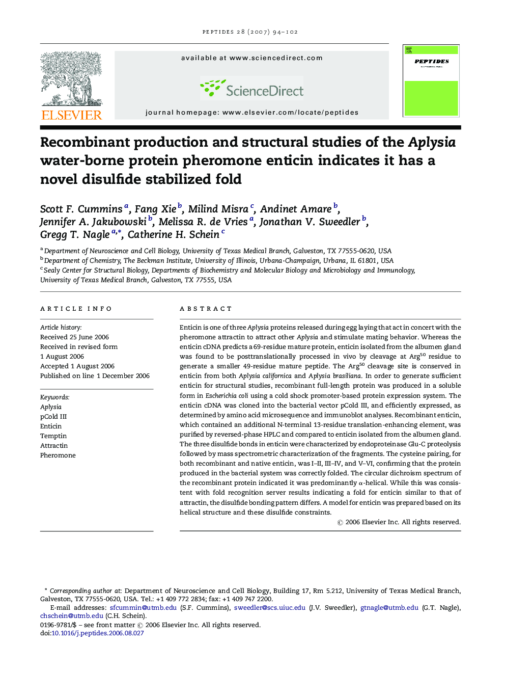 Recombinant production and structural studies of the Aplysia water-borne protein pheromone enticin indicates it has a novel disulfide stabilized fold